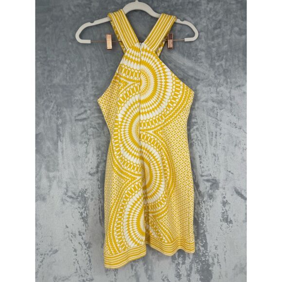 Taylor Brand Sun Dress 4 Yellow Geometric Print Cotton Textured Cutout Shoulders - Picture 3 of 16